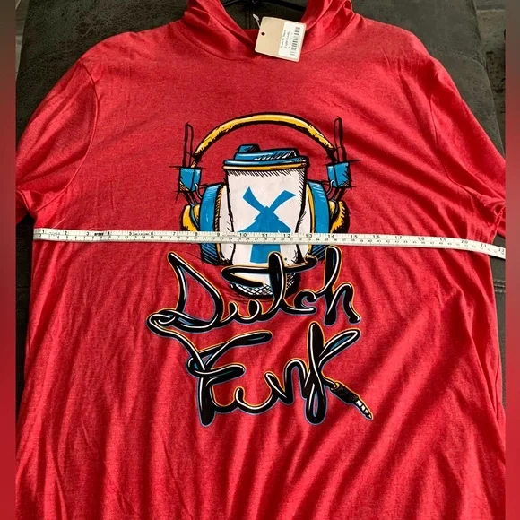 Men’s custom L Dutch Bros long sleeve red hoodie t-shirt with “Dutch Funk” logo. - Picture 7 of 10